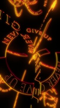Seamless loop animation of motivational text Never Give Up with a golden neon glow in a dynamic abstract pattern