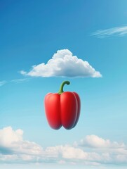Obraz premium Red bell pepper floating in bright blue sky with clouds. AI-generated.