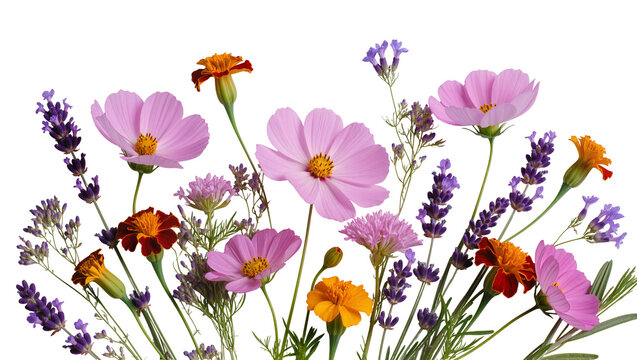 Isolated vibrant bouquet of fresh pink cosmos, fragrant purple lavender, and orange marigold flowers