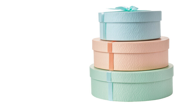 Isolated stack of three pastel round gift boxes with ribbons and bow, elegant present packaging.