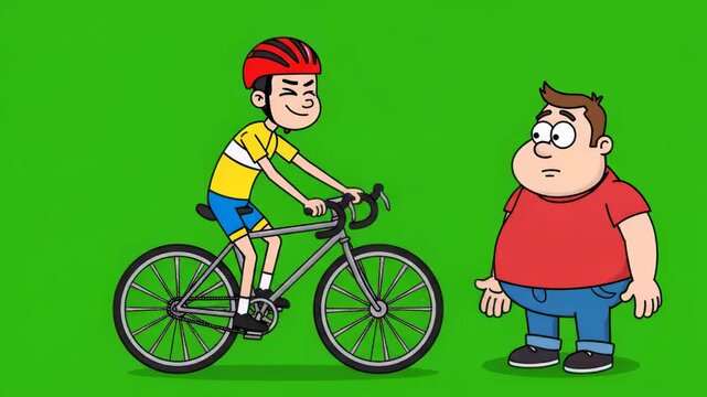 Animated cyclist on bike passing overweight character on green screen background for cartoon style project