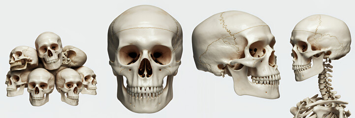 Obraz premium Human skulls and skeleton on white background bones