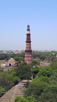 Vertical Aerial Shot of Qutub Minar New Delhi India