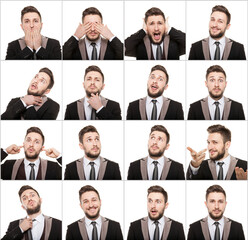 Fototapeta premium Collage of a young businessman showing different facial expressions and emotions, set of various portraits of professional man in suit isolated on white background.