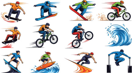 Naklejka premium Extreme Sports Action Vector Illustration Set Featuring Skateboarding Snowboarding Surfing BMX Cycling and Dynamic Athlete Motion Collection