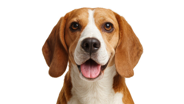 Isolated close up of a happy friendly beagle dog with tongue out looking directly at camera