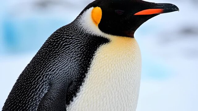 Emperor penguin standing on snow-covered ground, showcasing its distinctive black and white plumage, with bright orange ear patches and a blurred icy background