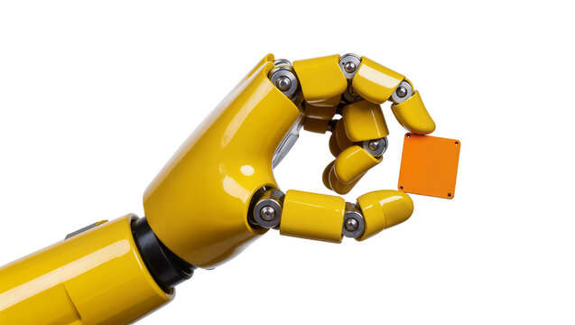 Isolated bright yellow robot arm hand holding orange square microchip device technology.