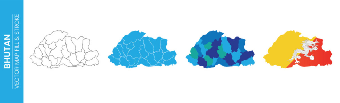 Four views of the country map of Bhutan including outline filled and flag