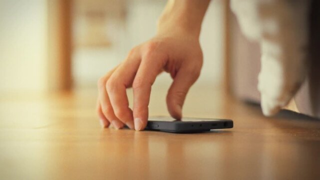 Man's hand dangles over bedside, scouring floor for his phone to silence blaring alarm. Morning sunlight catches his outstretched hand as he searches for device, ending the early morning disruption
