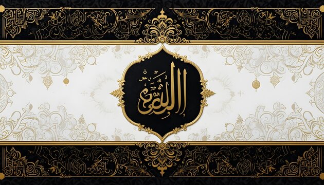 Luxury Eid greeting card design with gold calligraphy, Arabic patterns, black and gold theme, premium look.