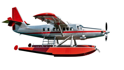 Isolated commercial floatplane with red and silver design ready for water take-off or landing © Radovan