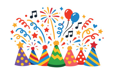 Obraz premium Colorful party hats creating a joyful celebration with exploding fireworks, falling confetti, floating balloons, and scattered music notes