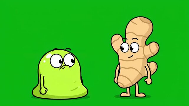Animated ginger root and green blob characters on green background cartoon style friendly cute comic