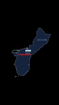 Vertical motion graphic of Guam map showing villages, capital Hagatna, and gps coordinates on a black background