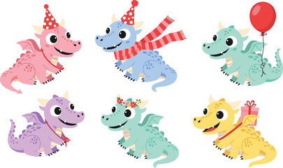 Fototapeta premium Festive Cartoon Baby Dragons with Party Hats, Scarves, Balloons, Gifts, and Holiday Accessories for Fun and Playful Kids’ Illustrations
