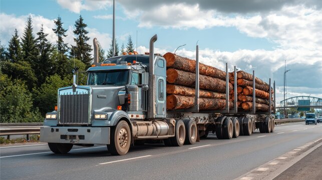 Silver semi carrying large logs along divided highway corridor