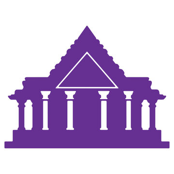 Purple graphic of ancient temple with columns and triangular roof  classical architecture illustration