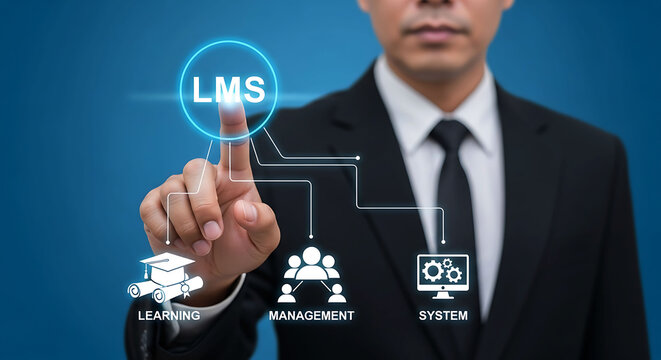 Businessman pointing to LMS icon for learning management system digital technology