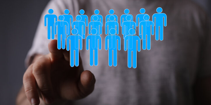 Hand touching blue figures representing a team. Concept of teamwork, community, and support. Ideal for business, partner