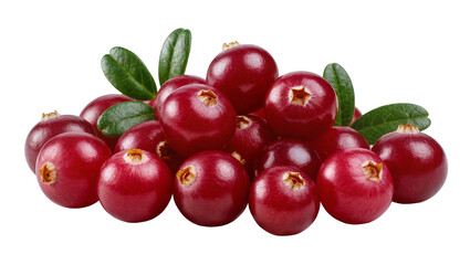 Obraz premium Isolated heap of fresh ripe red cranberries with green leaves, a delicious healthy organic fruit