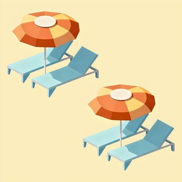 Isometric view of beach chairs and umbrellas