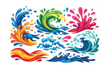 Fototapeta premium Set of vibrant water splashes, ocean waves, and liquid elements. Dynamic abstract shapes representing motion, fluidity, and summer energy