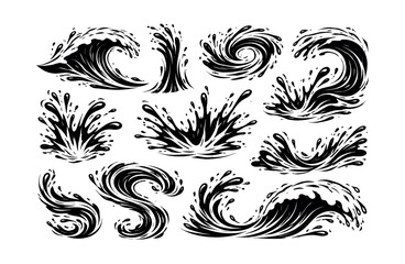 Fototapeta premium Black and white water splash set. Various liquid ink drops, waves, and abstract flowing patterns forming a dynamic collection