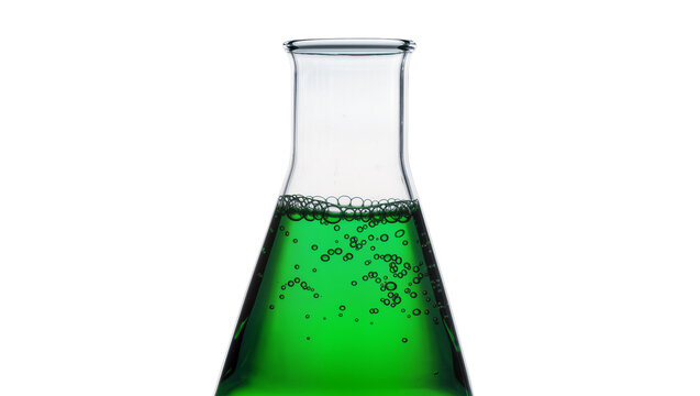 Isolated Erlenmeyer flask with bright green bubbling solution, perfect for science laboratory concepts