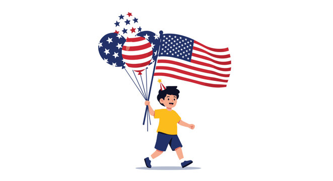Young boy walking happily while holding a bunch of patriotic balloons and a waving american flag on a white surface.