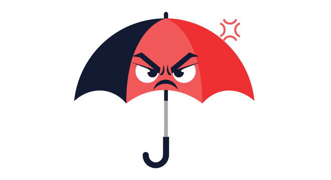 Cartoon character umbrella with an angry facial expression featuring dark eyebrows and a frowning mouth on a white background.