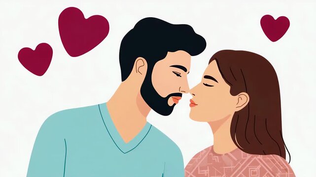Romantic Couple Kissing with Floating Hearts, Love and Relationship Illustration