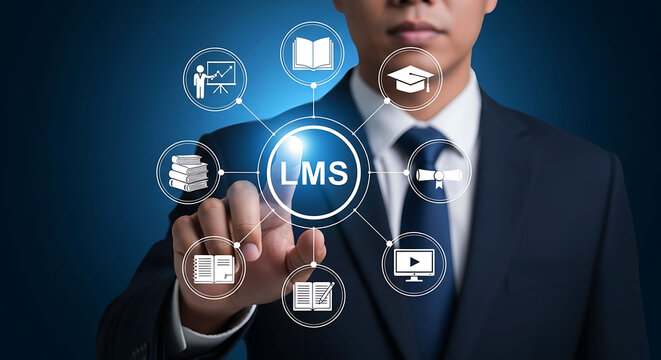 Businessman pointing to LMS icon for learning management system and e-learning