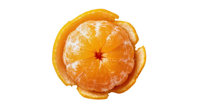 Isolated fresh ripe sweet peeled orange citrus fruit with skin partially removed, healthy snack