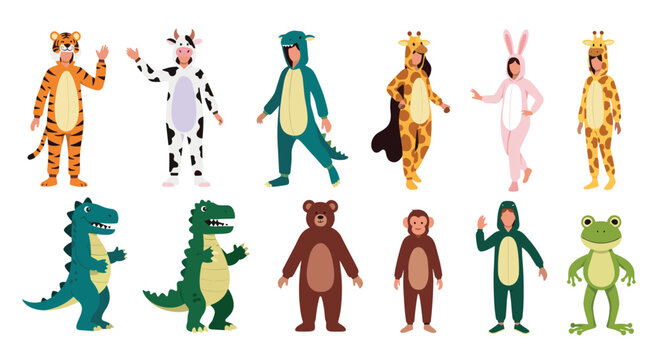 Diverse group of people and mascots wearing funny animal onesie costumes including tigers, cows, and dinosaurs.