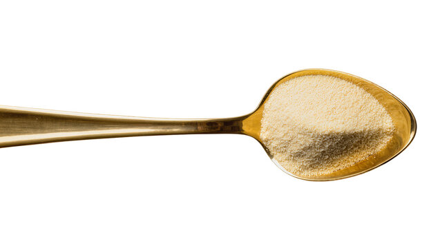 Isolated gold metal tablespoon with a generous serving of light-colored dietary powder.