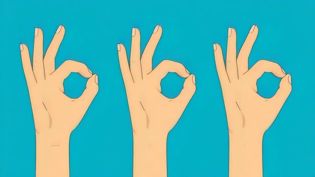 Repeating OK Hand Gesture Illustration on Bright Blue Background for Approval and Positive Feedback