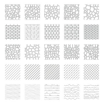 Landscape Architecture CAD Vector Patterns Set. Grass, Water, Stone, Wall, and Texture Elements
