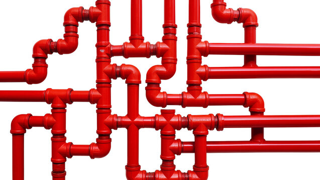 Isolated intricate red industrial piping system with various connected elements and components