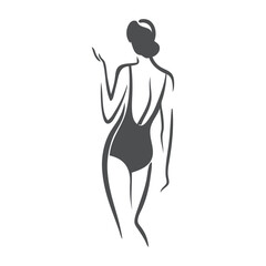 Logotipo con dibujo con líneas de una mujer con bikini de estilo retro, posando de espaldas  © teracreonte