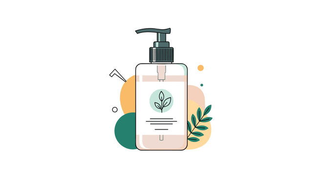 Modern pump bottle for liquid soap or lotion is decorated with minimalist leaves and colorful circles against a clean background.