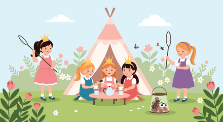Obraz premium Group of little girls wearing golden crowns plays princess tea party in a backyard garden near a pink and white teepee tent.