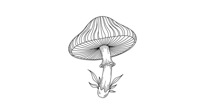 Minimalist black and white line drawing of a single mushroom with thin leaves around its base on a white background.