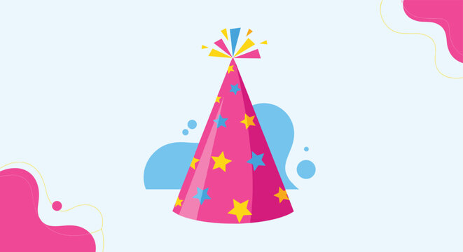 Bright pink conical party hat decorated with yellow and blue stars on a light blue background with abstract wavy shapes.