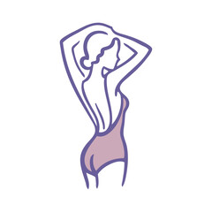 Logotipo con dibujo con líneas de una mujer con bikini de estilo retro, posando de espaldas con los brazos en la cabeza  © teracreonte