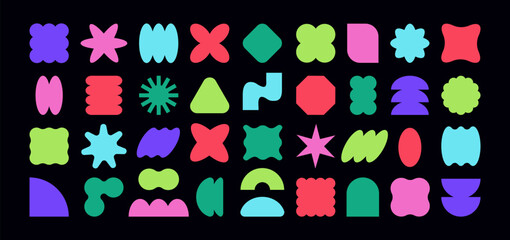 Y2K sticker set bold geometric shapes, stars, and abstract figures in vibrant colors. Basic Geometric Figure png Kit. Trendy vector element for retro poster, badge and modern graphic design project