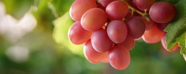 Close up of  ripe cluster of red grapes hanging from the vine with green leaves visible