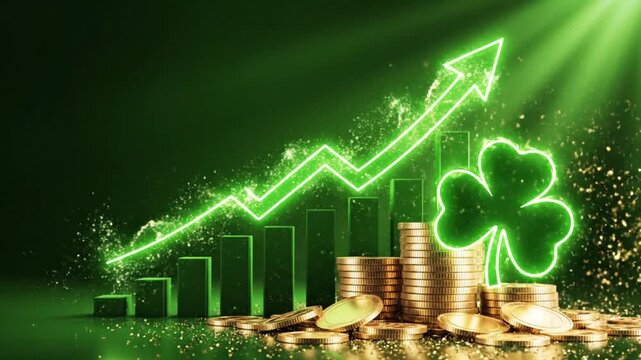 Dynamic growth finance footage featuring stacks of gold coins and glowing shamrocks with rising graph and sparkling particles perfect for St Patrick's Day celebration or financial success