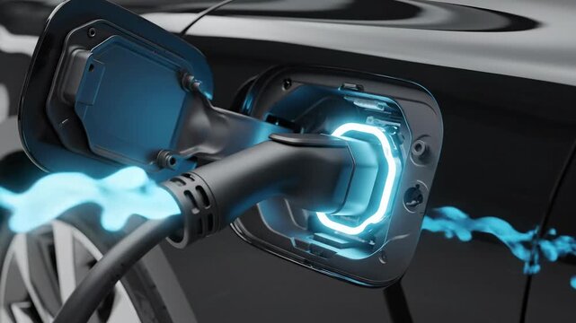 Electric vehicle charging process with charging cable connected to car, illuminated charging port, and flowing energy visual effects in a modern automotive setting