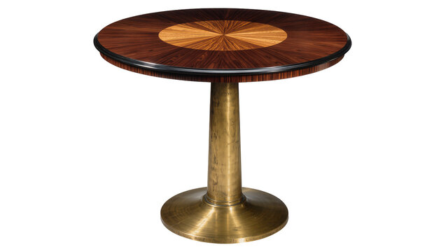Isolated elegant round pedestal table with intricate wood veneer top and polished brass base